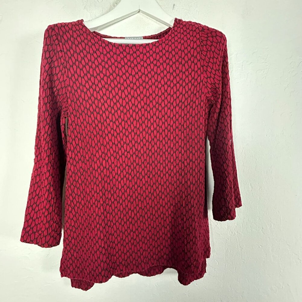 Habitat Womens Small Red Black Textured Knit Tunic Top Small 3/4 Sleeve Stretch